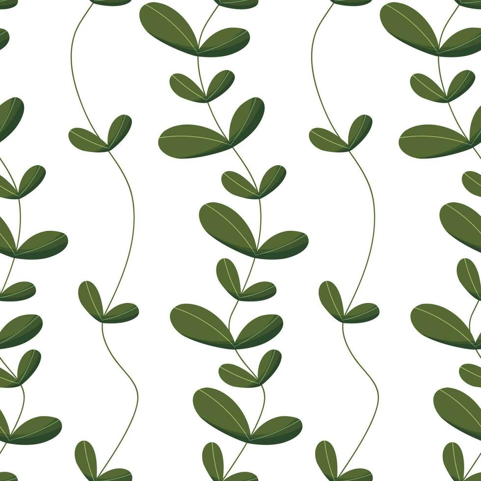 sin costura modelo con vertical ramas de verde hojas. modelo con ramas y hojas de plata dólar eucalipto aislado en blanco antecedentes. fondo de pantalla, tela, envase papel, álbum de recortes vector