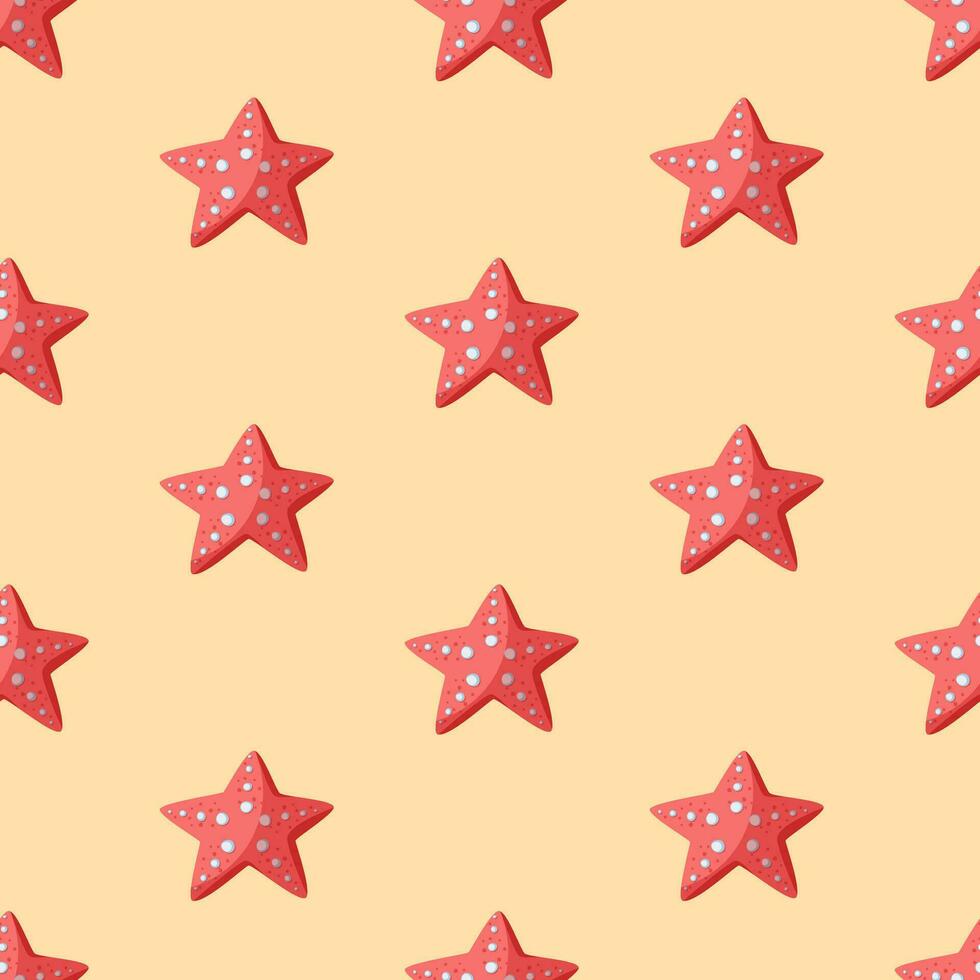 Red starfish seamless vector pattern. Underwater animals in the shape of stars with suckers on the sand. Flat cartoon style, hand drawn childish illustration on a sand background. Cute sea backdrop