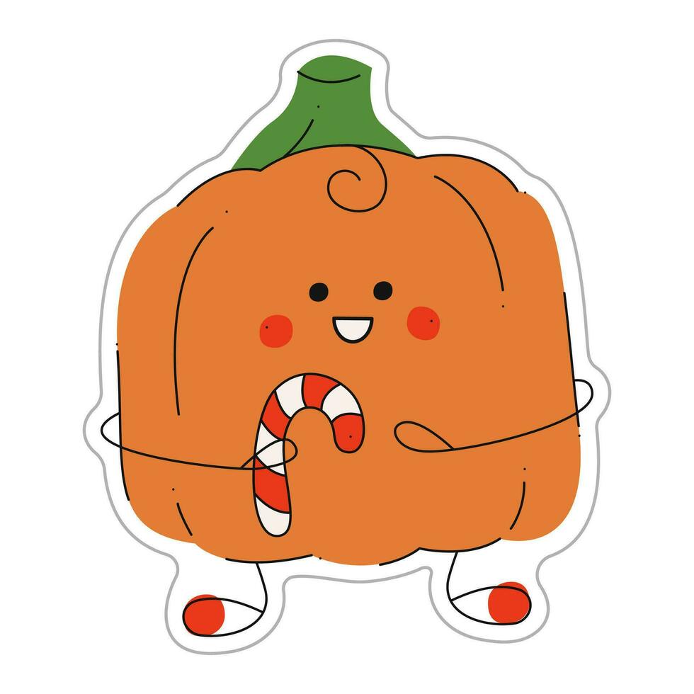 pegatina de Víspera de Todos los Santos calabaza con caramelo caña. color plano vector ilustración.