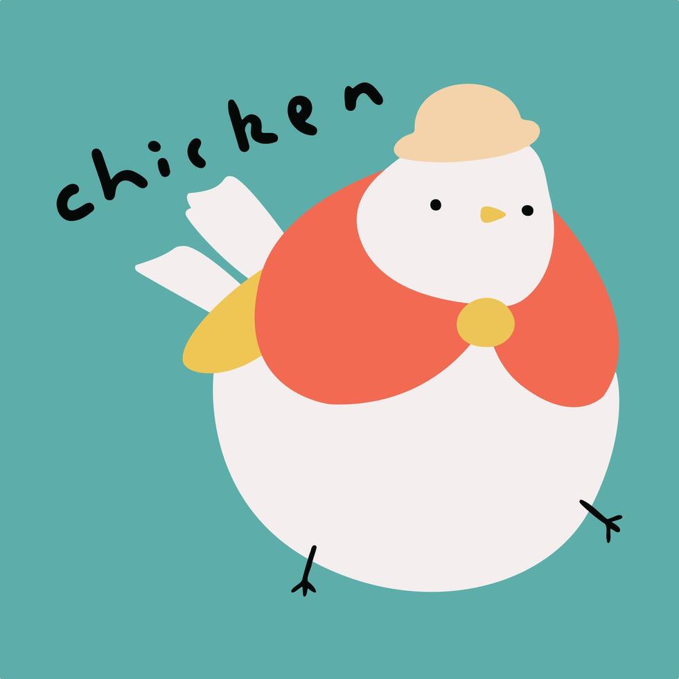 gracioso mano dibujado para niños dibujos animados ilustración de pollo vistiendo sombrero vector