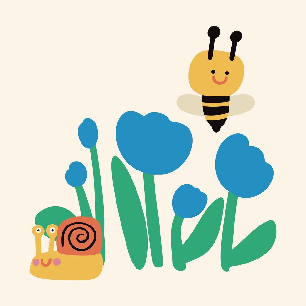 Hand drawn bees collecting nectar and snails among flowers vector