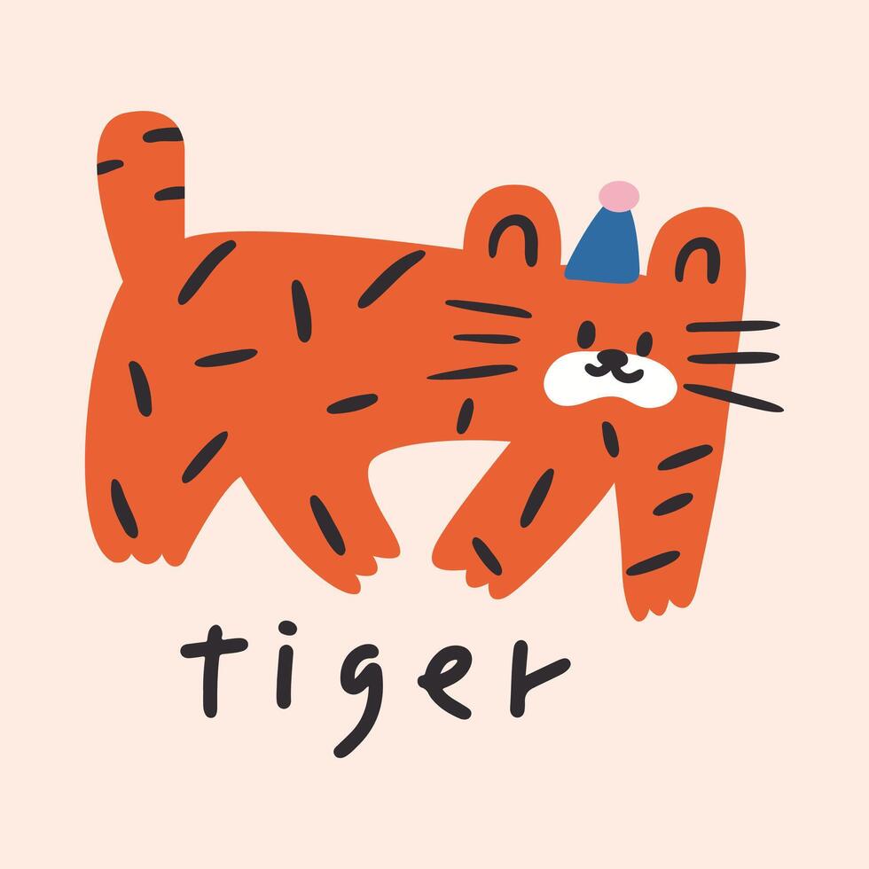 Hand drawn cute funny children cartoon illustration of tiger with hat vector