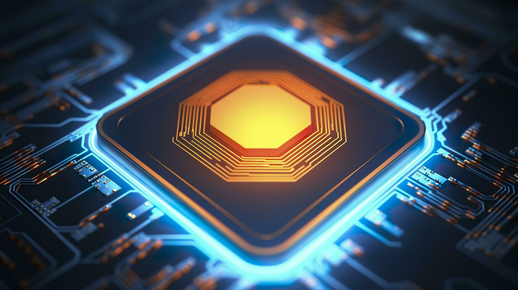 Top View of a Chip with Glowing Light and Fog in Orange and Blue. AI Generative photo