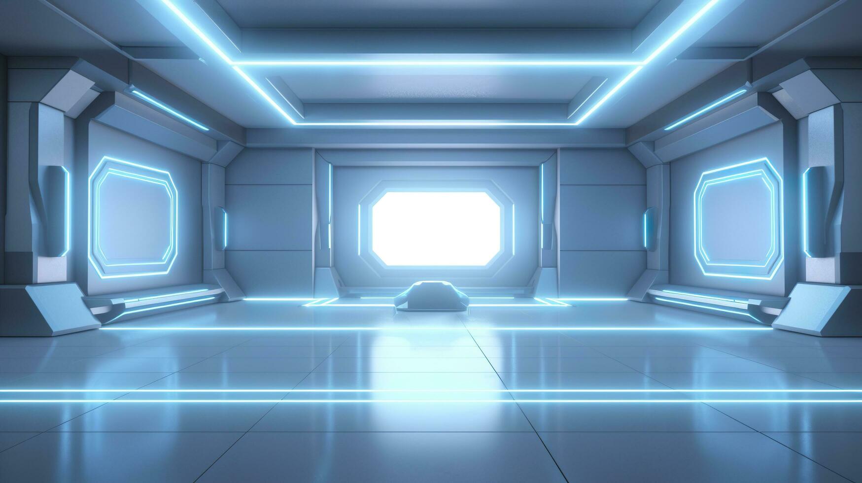 Empty Wall in a Futuristic Sci Fi Living Room with Light Yellow, Light Cyan, and Light Blue Neon. AI Generative photo