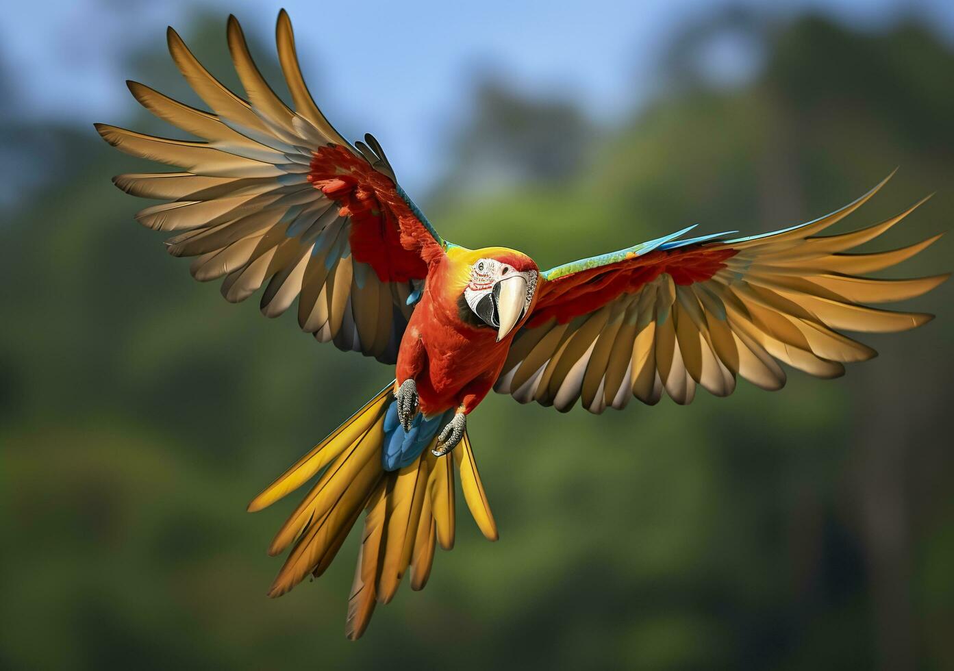 Flying macaw, beautiful bird. Generative AI photo