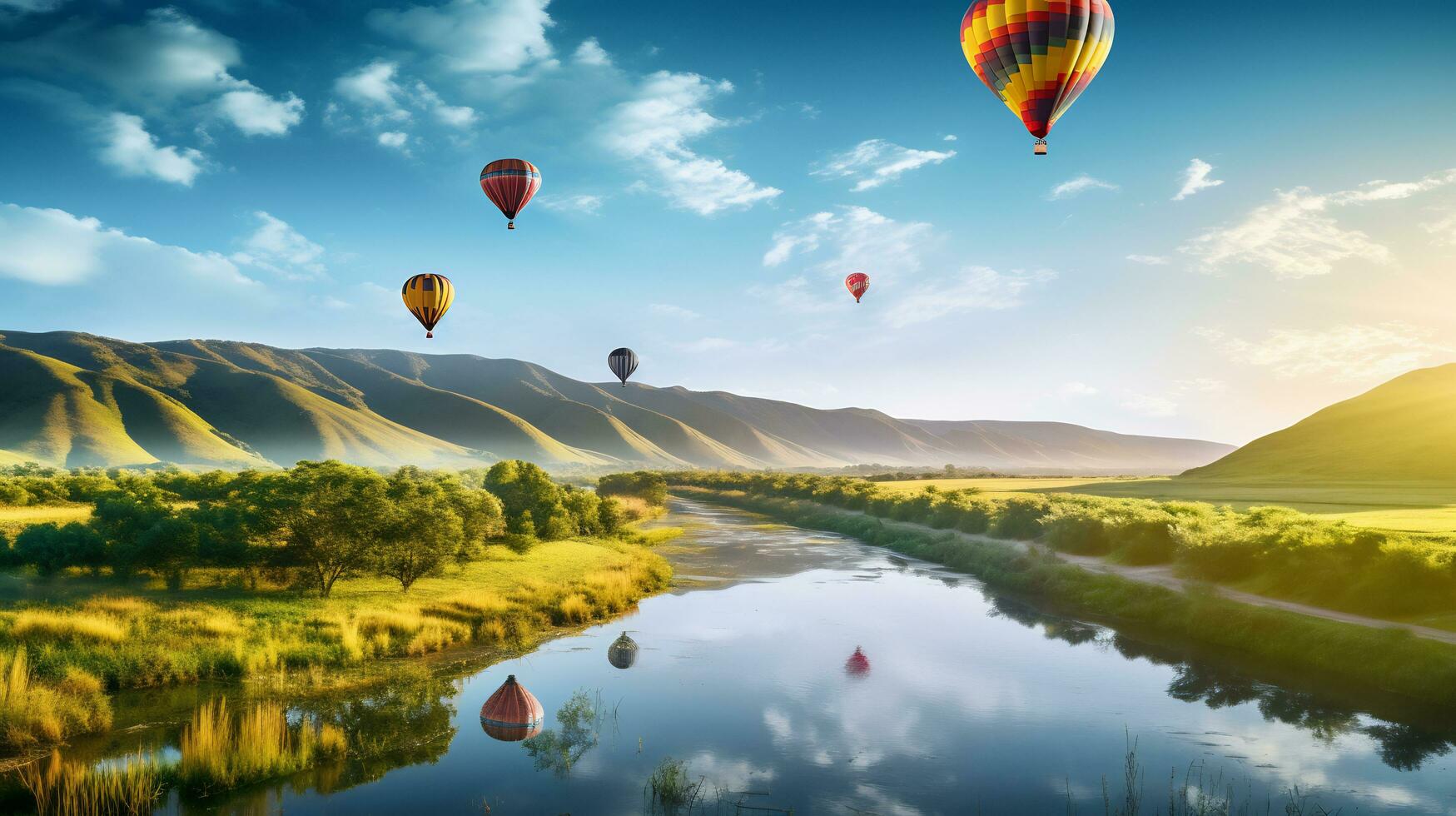 caliente aire globo terminado un paisaje de ríos y montañas generativo ai foto