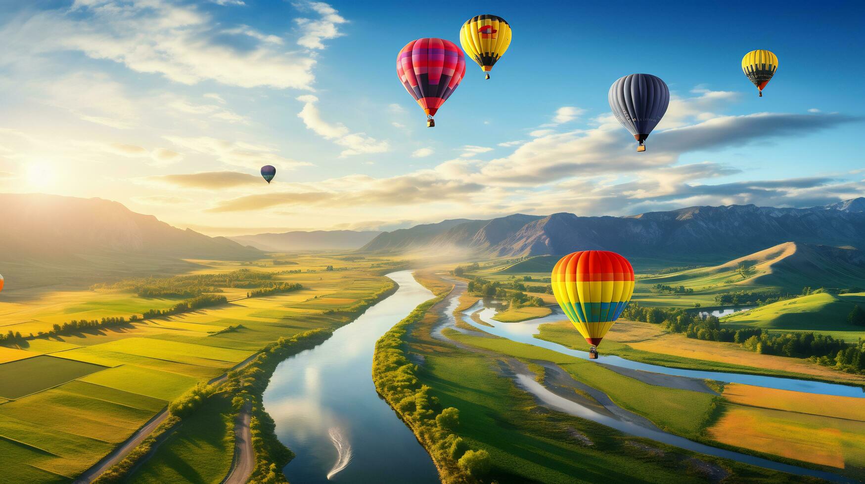 caliente aire globo terminado un paisaje de ríos y montañas generativo ai foto