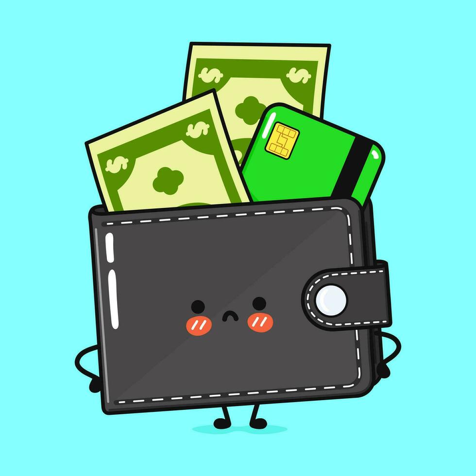 Angry Wallet with money and credit card character. Vector hand drawn cartoon kawaii character illustration icon. Isolated on blue background. Sad Wallet with money and credit card character concept