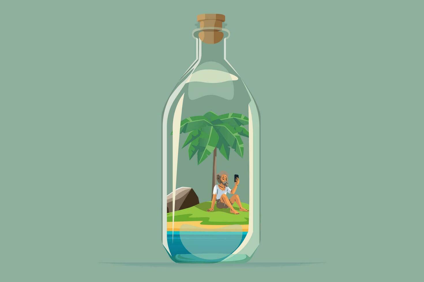 A sad castaway man stranded on an island in the middle of the ocean with no phone signal inside of the bottle vector