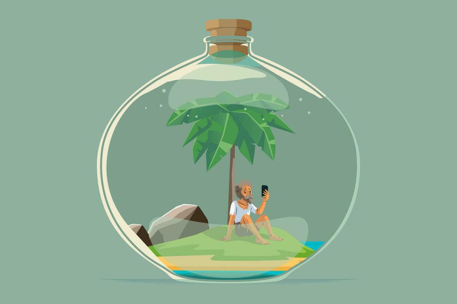 A sad castaway man stranded on an island in the middle of the ocean with no phone signal inside of the bottle vector