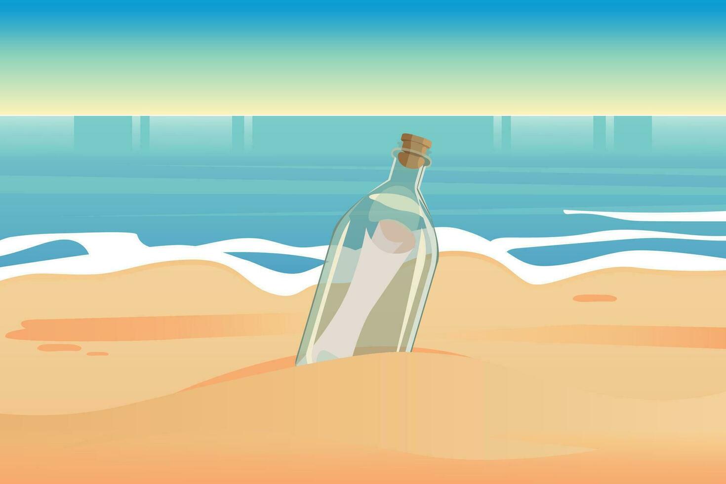 Message in the bottle stranded on the sand, vector illustration