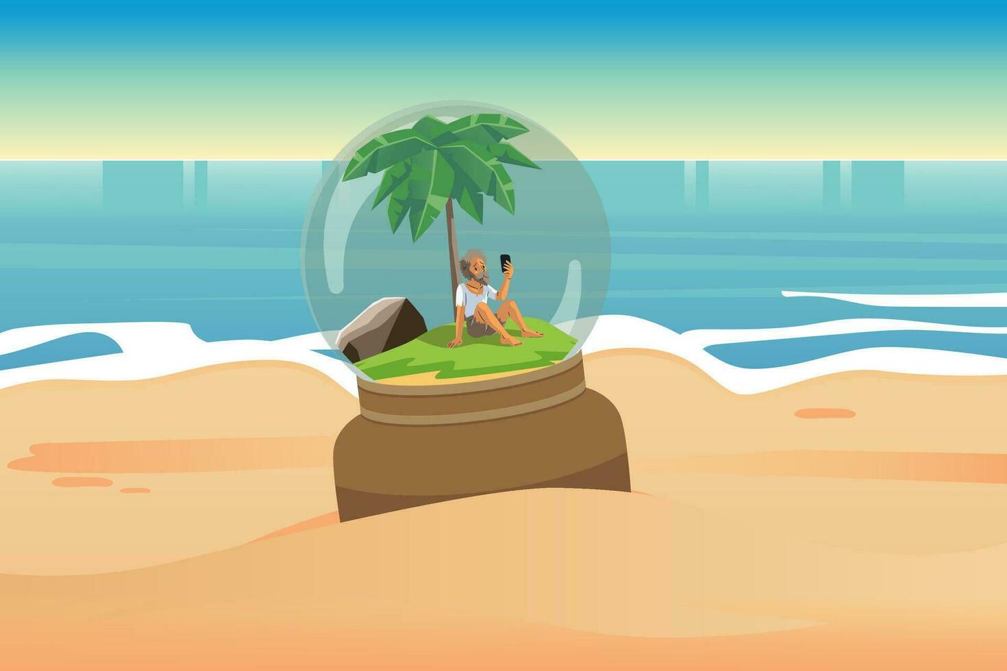 A sad castaway man stranded on an island in the middle of the ocean with no phone signal inside of the crystal ball vector