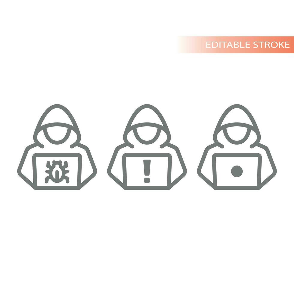 Hacker with hoodie and laptop line icon. Computer crime, hacking attack symbol. vector