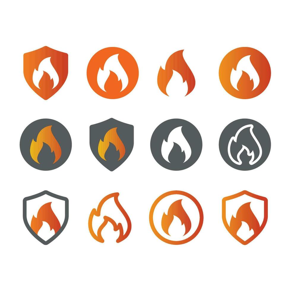 Fire and flame vector icon set. Flames in shield and circle colorful icons.