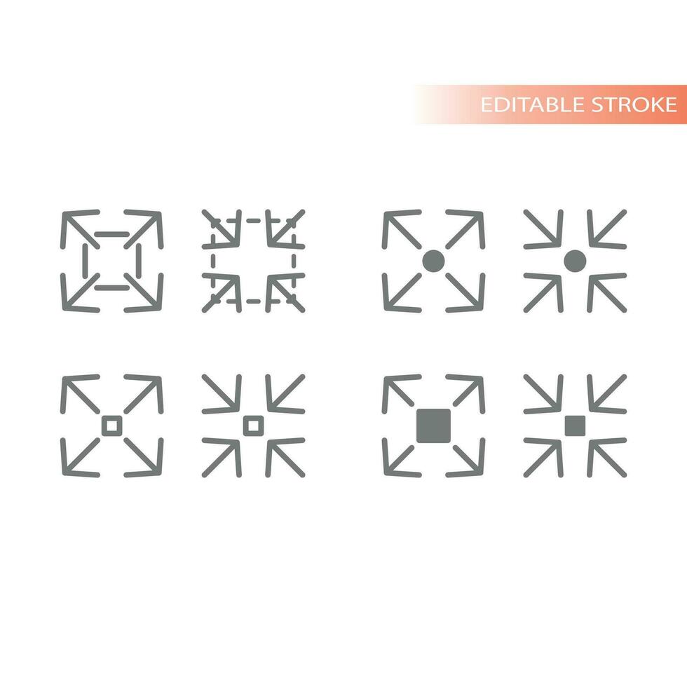 Full screen, zoom in and zoom out arrow frame. Expand, minimize and maximize vector line arrows.