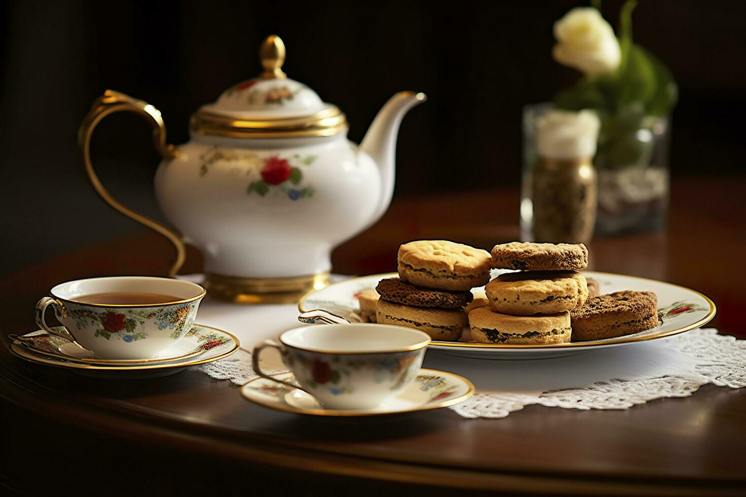 Classical served tea table with biscuits. Generative AI photo