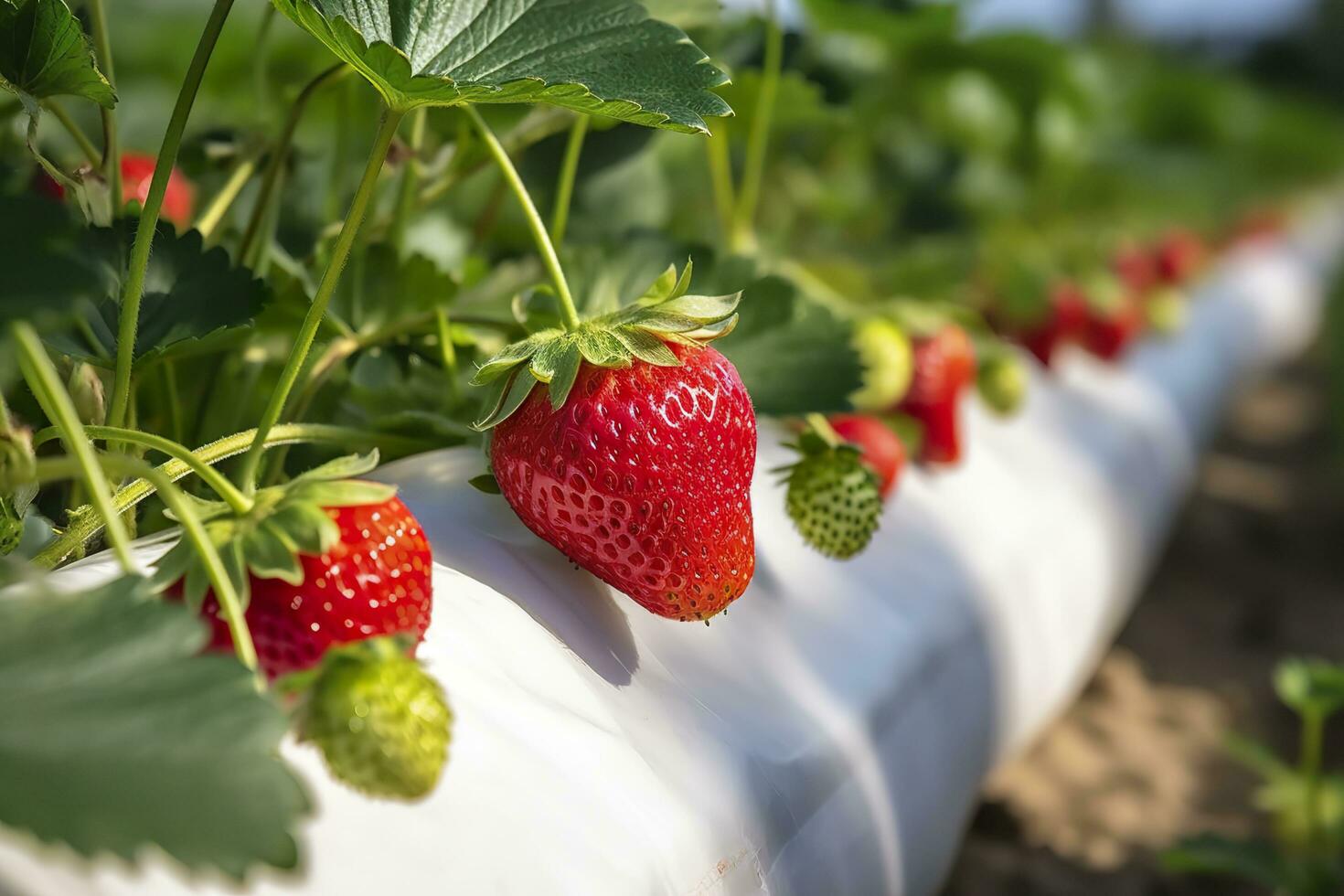 Bush of ripe organic strawberries in the garden. Berry closeup. Generative AI photo