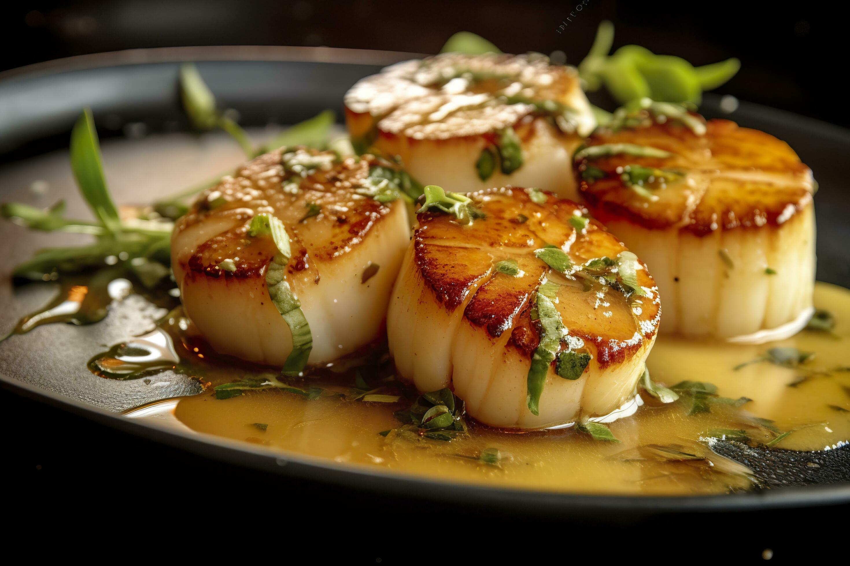 Closeup of pan seared diver scallops with lemon beurre blanc