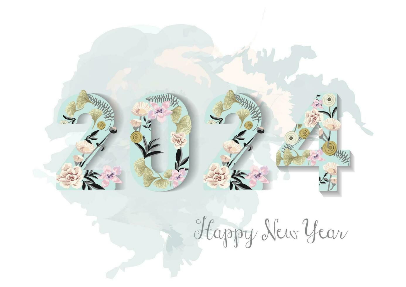 Happy New Year 2024 with watercolor flowers and a lot of leaves background vector