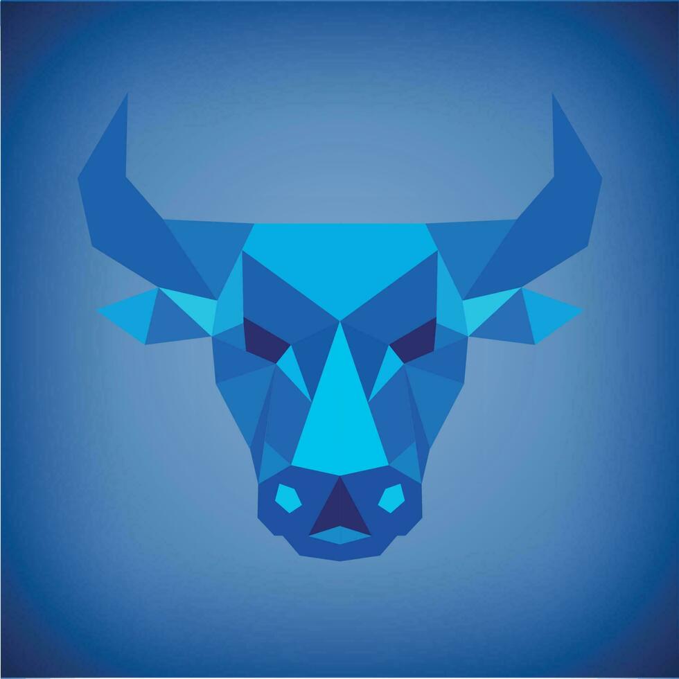 Vector symmetrical illustration of a bull on a white background. Made in low poly triangular style.