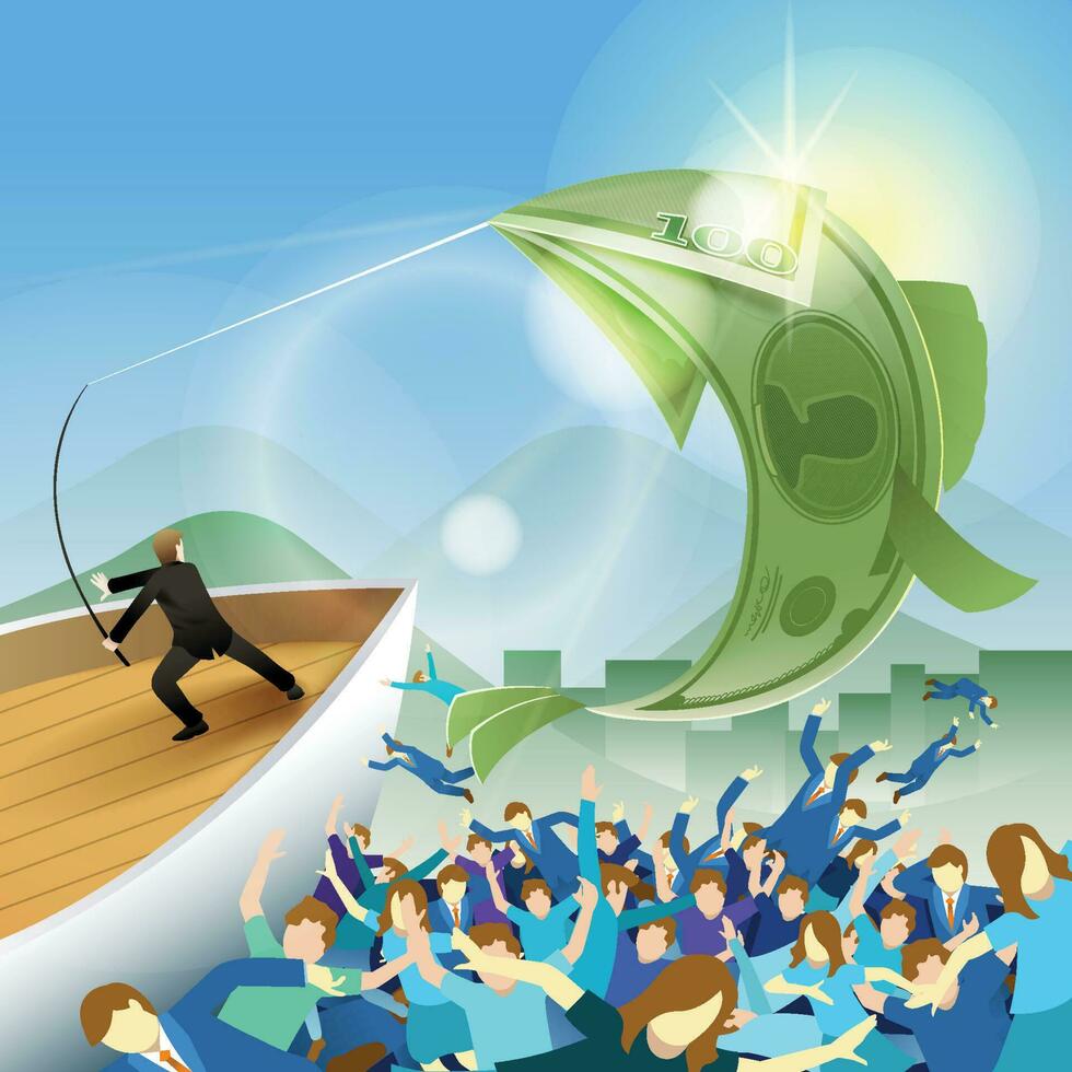 Business concept, businesswoman fishing dollar currency symbol vector