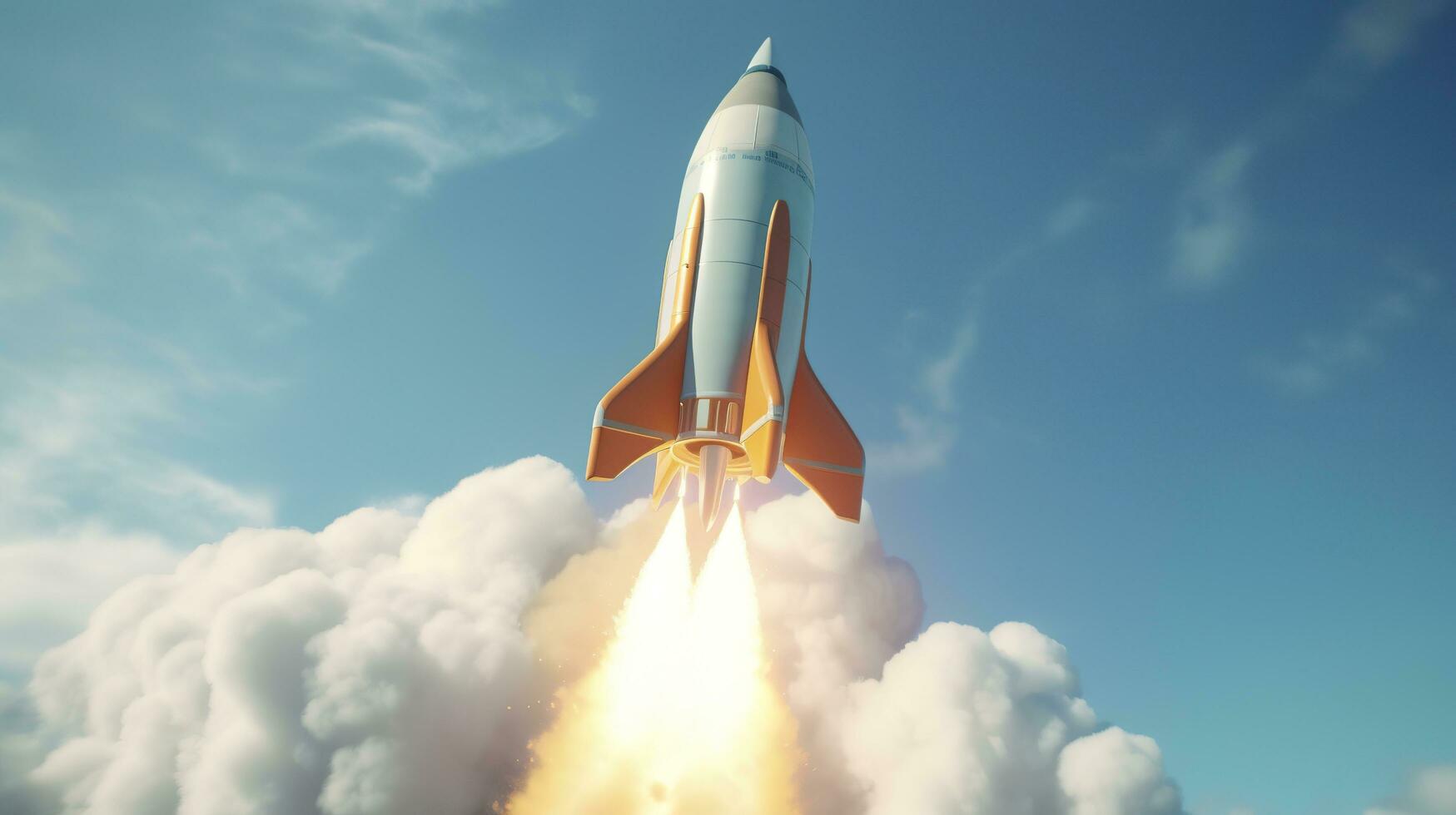 A small rocket takes off from a Laptop with vibrant color combinations in light sky blue and light gray colors for a website, business, and financial success concepts.  AI Generative photo