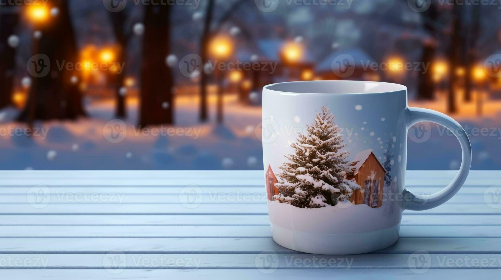 Christmas Mug with hot drink on blurred background with bokeh effect. AI Generated. photo