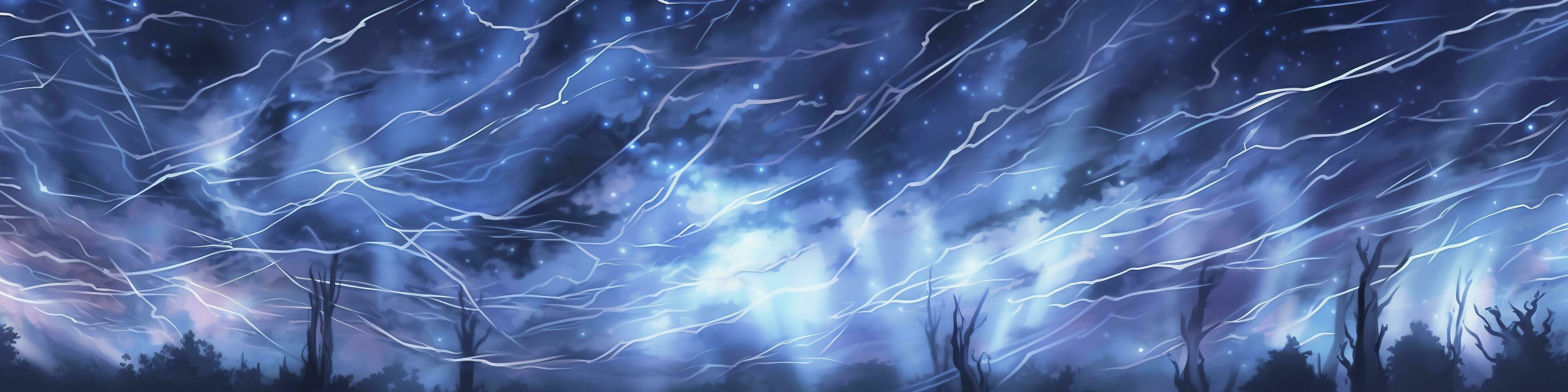 Anime horizontal blue lightning background. Anime cartoon light colors. Generative AI photo