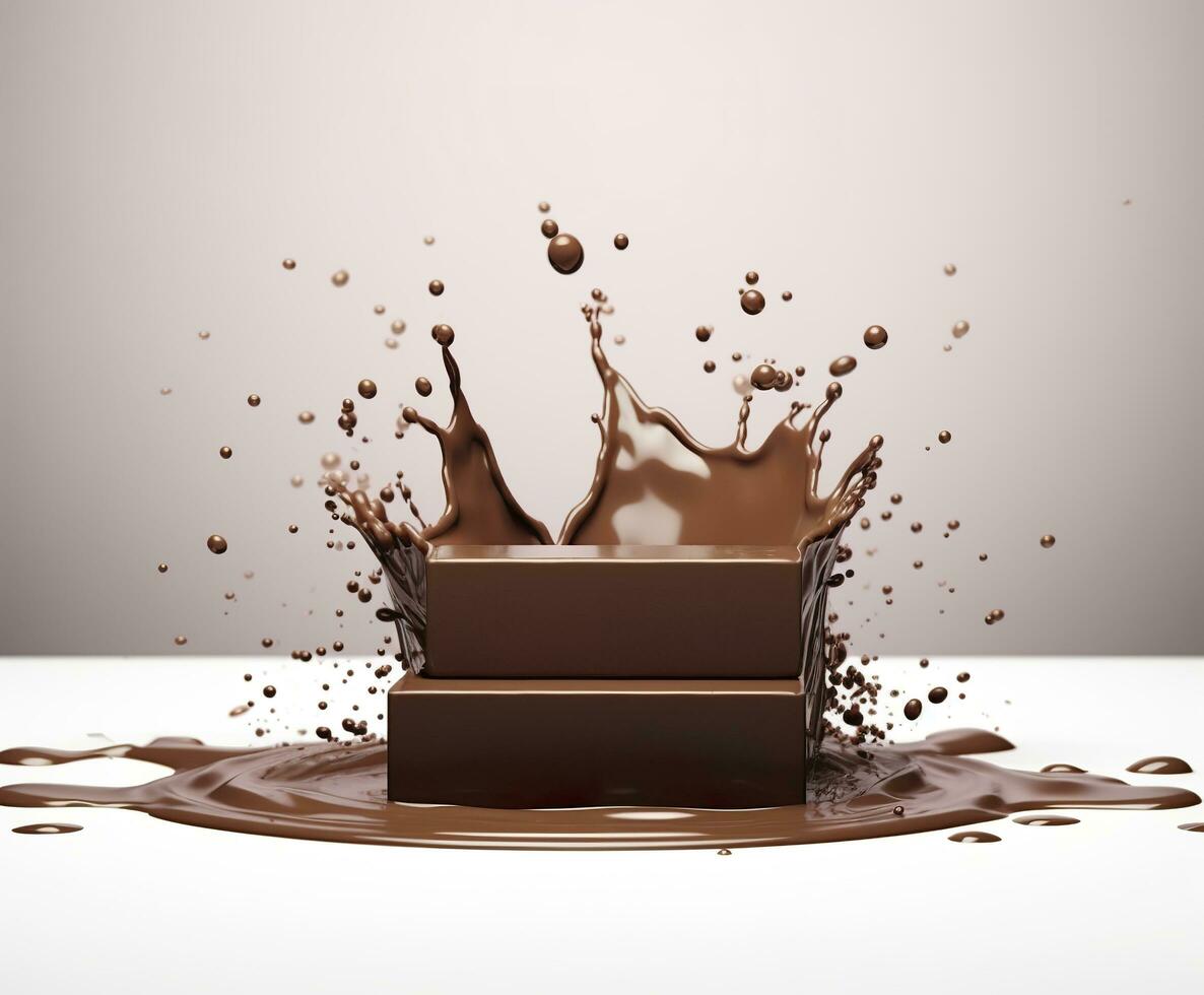 Chocolate splash with a podium, mockup background for milk product display, 3d. Generative AI photo