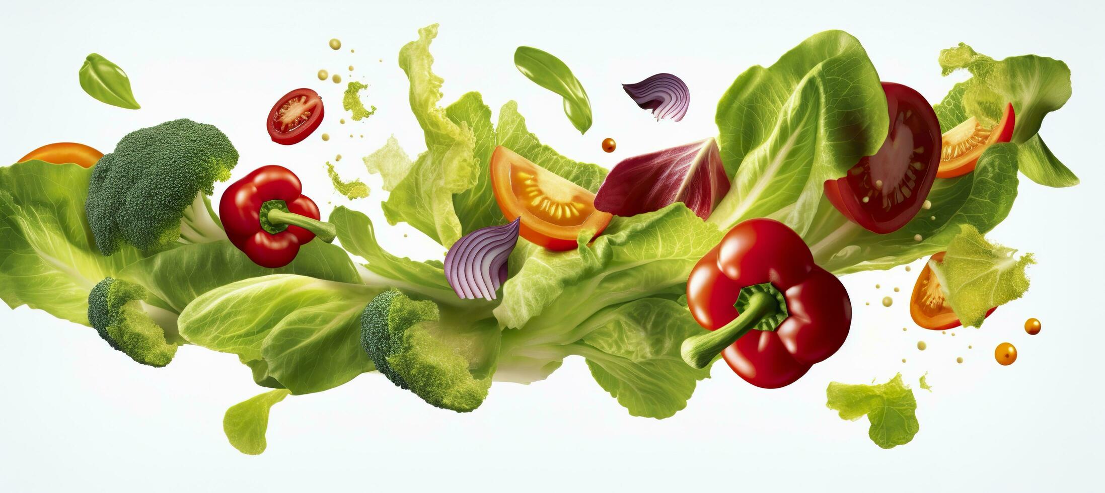 Falling vegetables, salad of bell pepper, tomato, and lettuce leaves. Generative AI photo