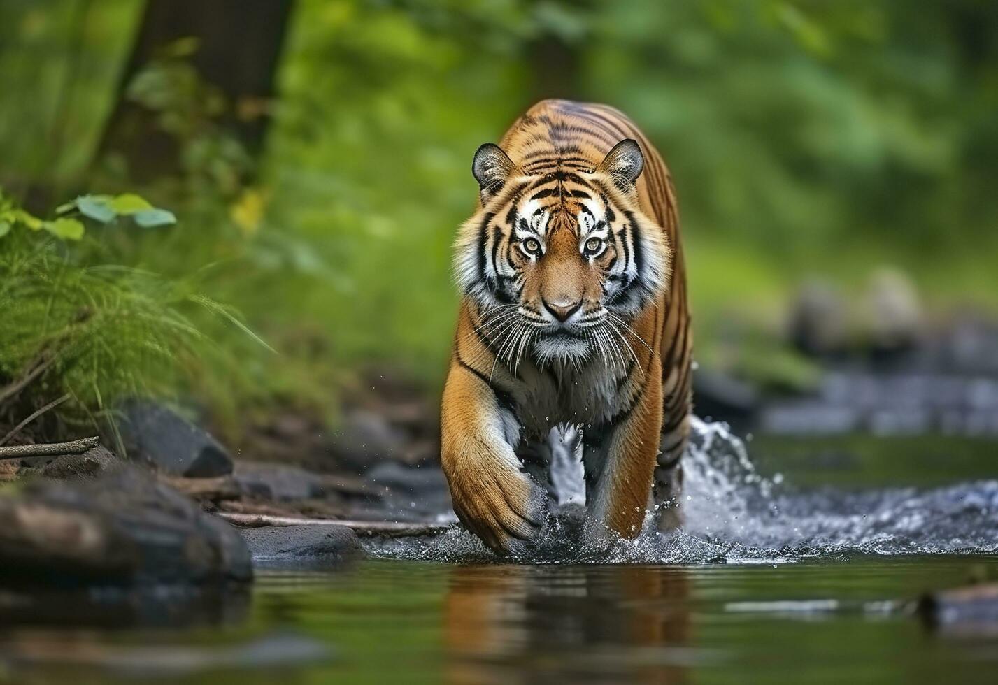 Amur tiger walking in the water. Dangerous animal.  Animal in a green forest stream. Generative AI photo