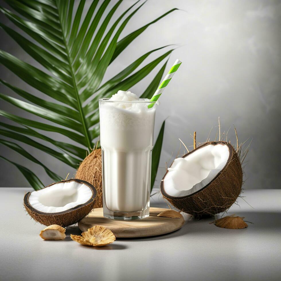 Coconut milk shake glass with fresh sliced coconut. Generative AI photo