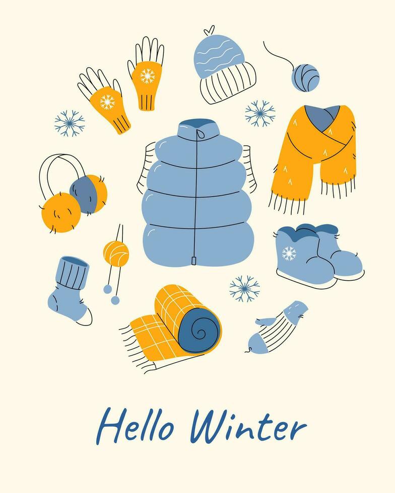 Hello winter doodle holiday card design with warm knitted clothes and snowflakes. Hand drawn style flat vector elements composition.