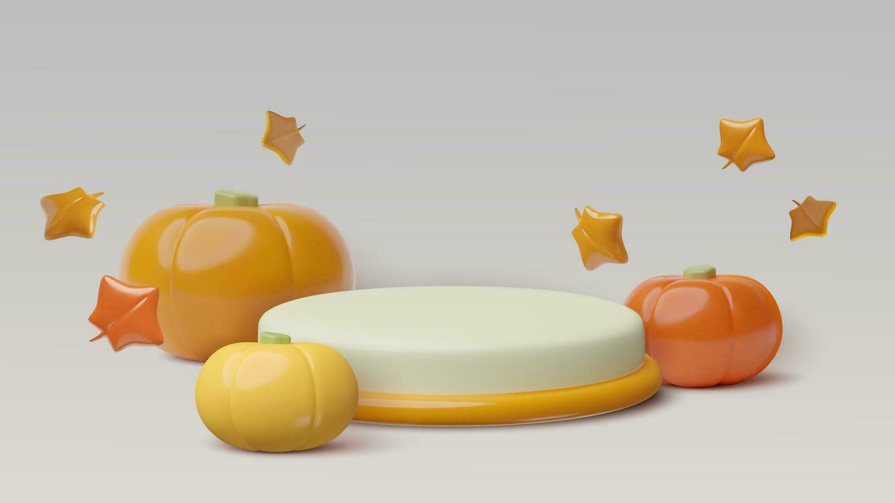 Autumn 3d realistic podium with pumpkins and fall leaves. Product display background with empty space. Vector three dimensional design with plastic elements for banners, posters, advertisements.