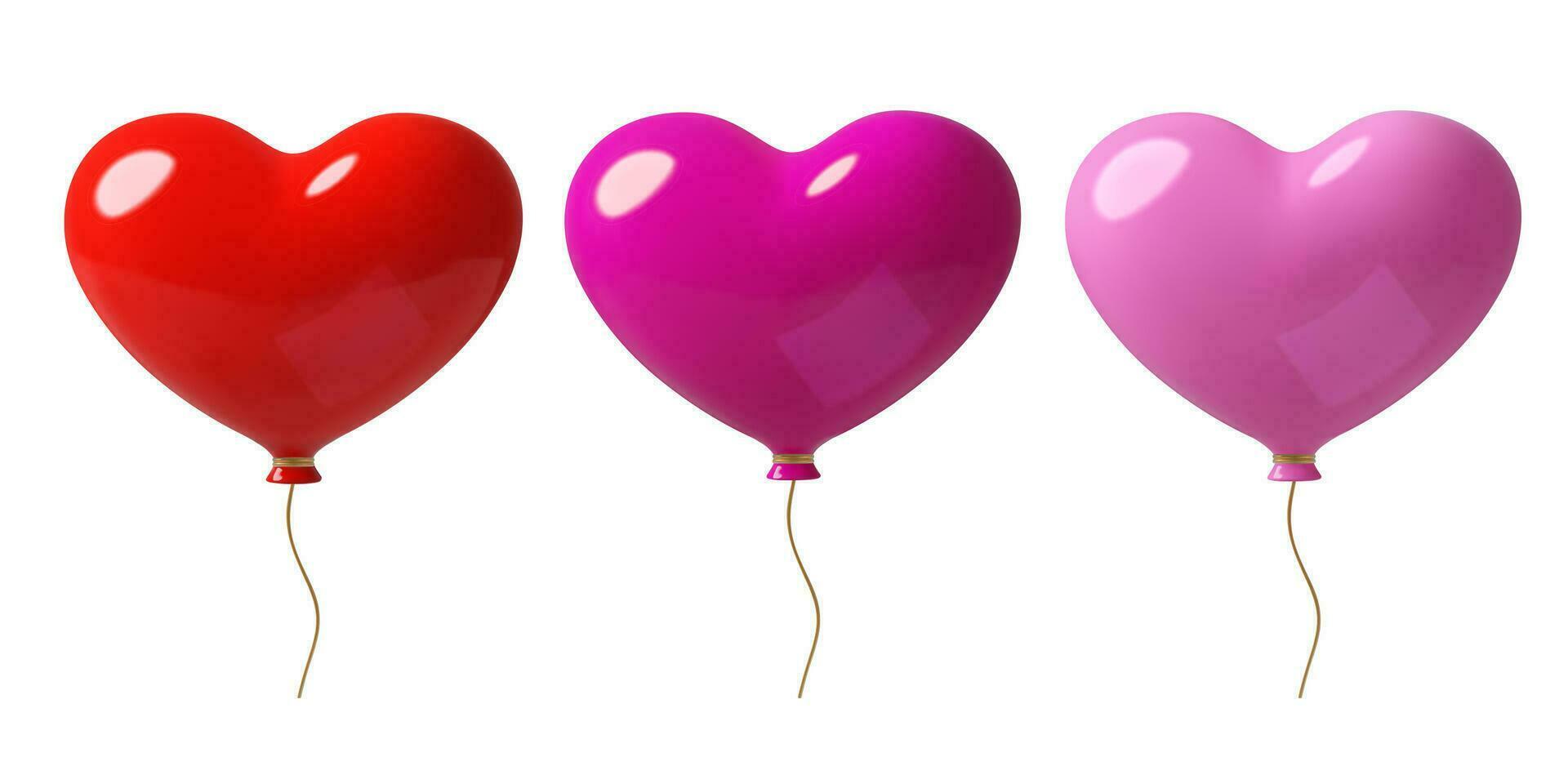 Heart shape helium balloons on a gold string. 3D realistic pink, red and purple Valentine's Day romantic party decorations set. Minimal three dimensional style vector design elements.