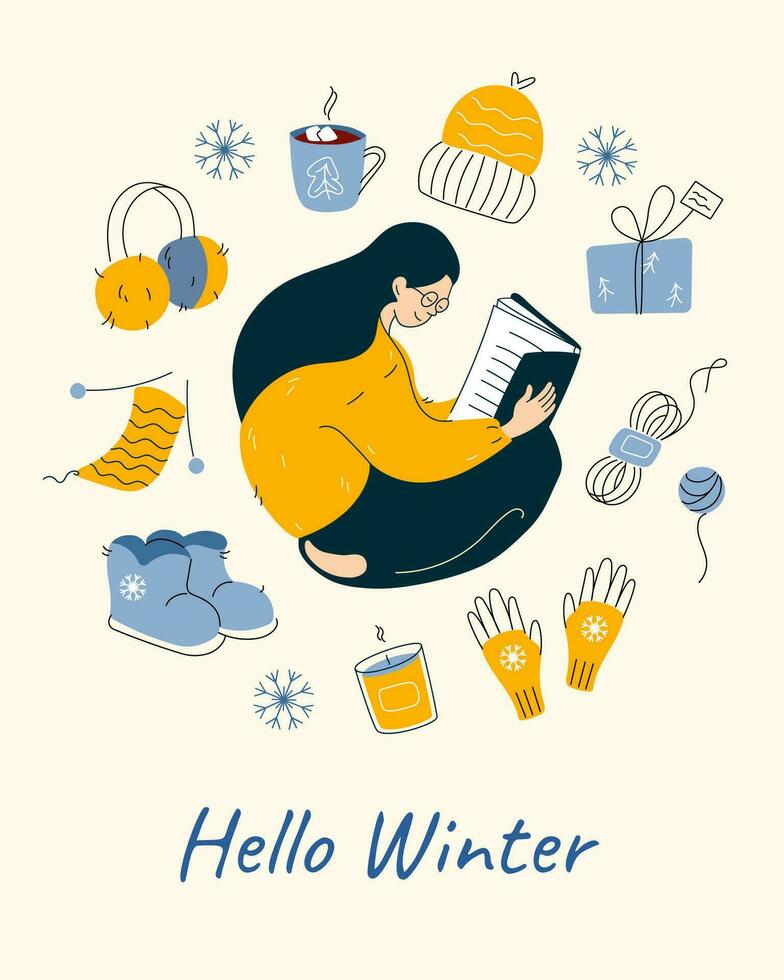 Hello winter doodle greeting card or postcard design template. Woman reading a book surrounded with cozy holiday elements and knitted clothes. Modern hand drawn style flat vector illustration.