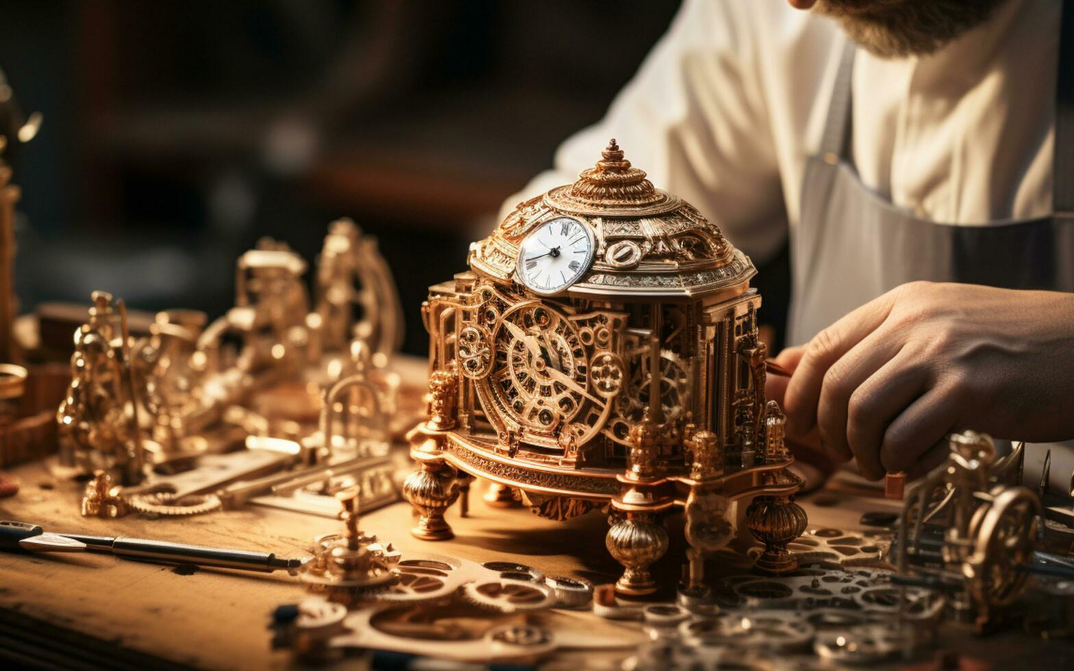 Craftsman Assembling Intricate Golden Clockwork on Wooden Workbench photo