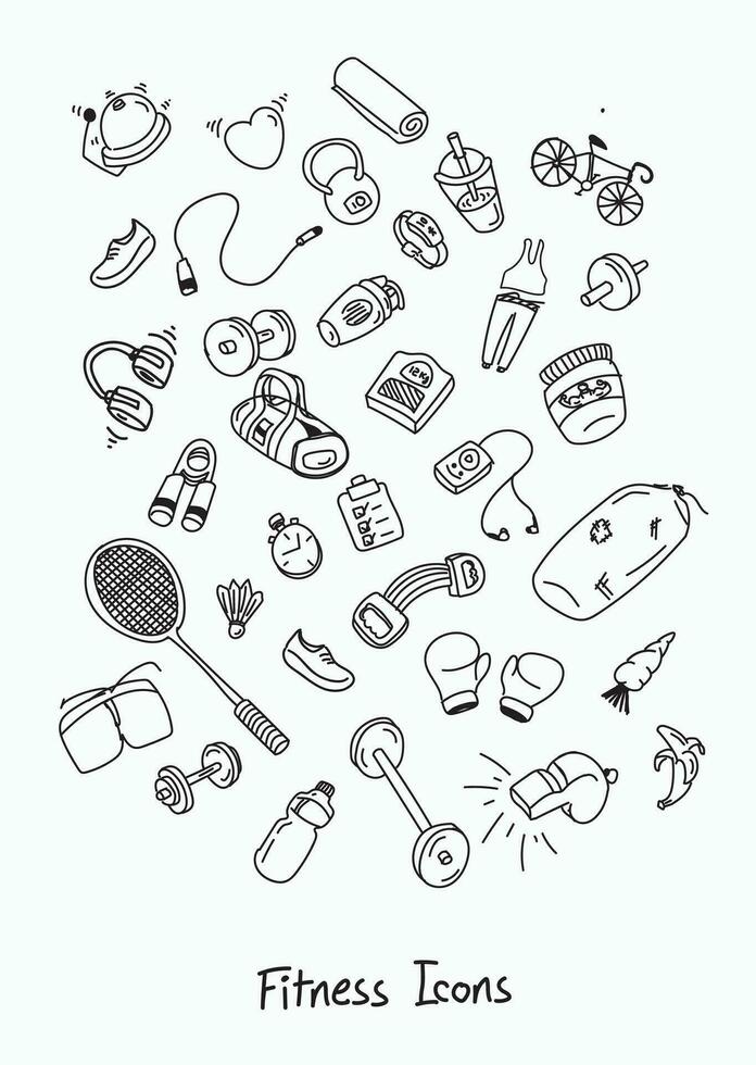 Fitness doodle icons. Set of hand drawn illustrations of fitness equipment. Sports background vector