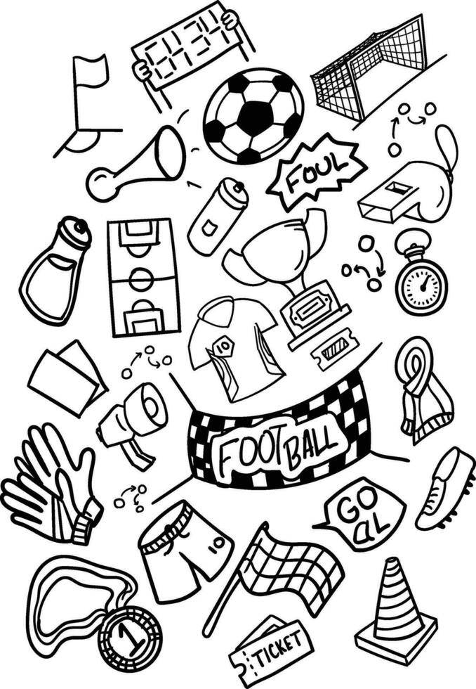 Football doodle. set of hand drawn soccer icons. sketch illustration drawing of football equipment vector