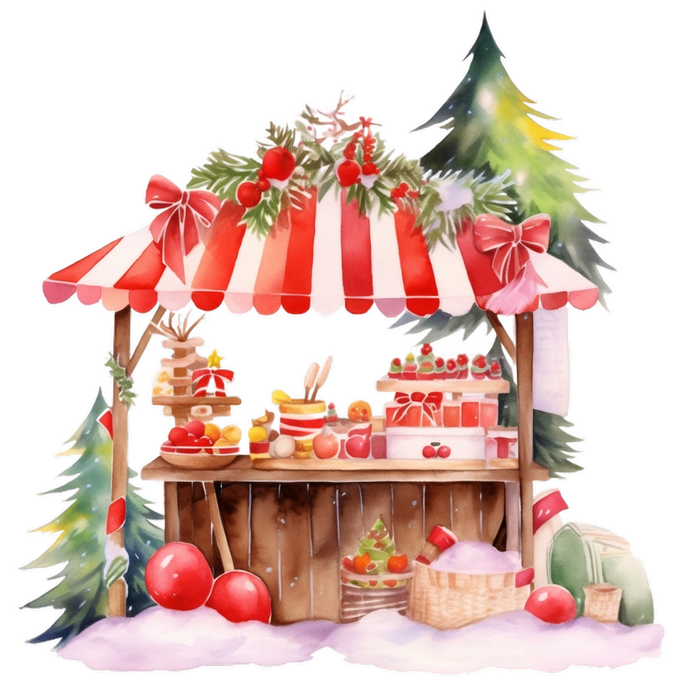 Watercolor Christmas stand at Christmas market,  illustration for decorating greeting, invitation in festive season, AI generated png