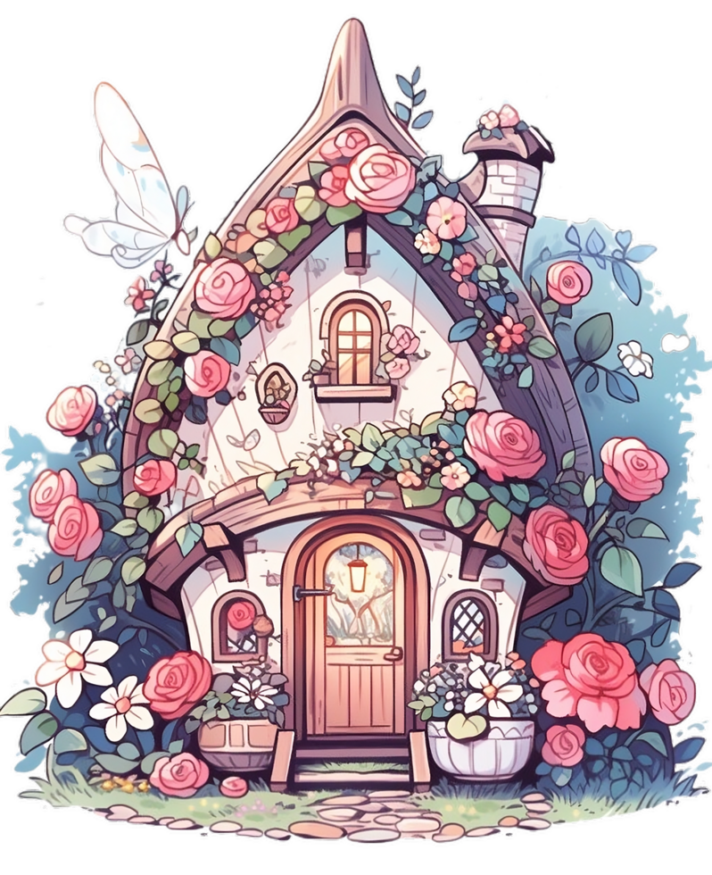 Fairytale magic fairy house, decorated by florals in a fantasy forest AI generated png