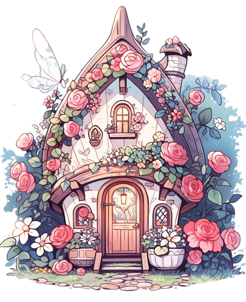 sprookje magie fee huis, versierd door bloemen in een fantasie Woud ai gegenereerd png