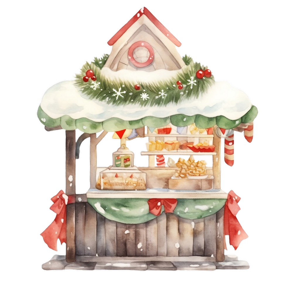 Watercolor Christmas stand at Christmas market,  illustration for decorating greeting, invitation in festive season, AI generated png