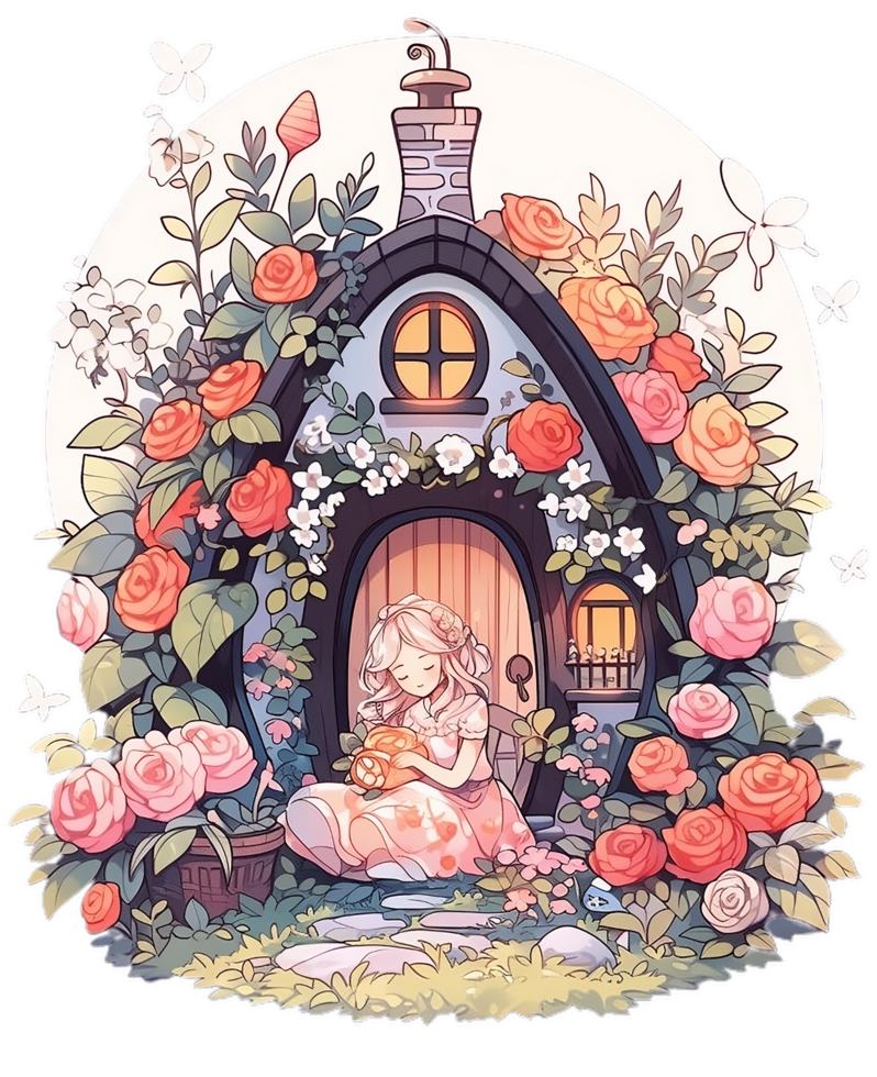 Märchen Magie Fee Haus, dekoriert durch Blumen im ein Fantasie Wald ai generiert png