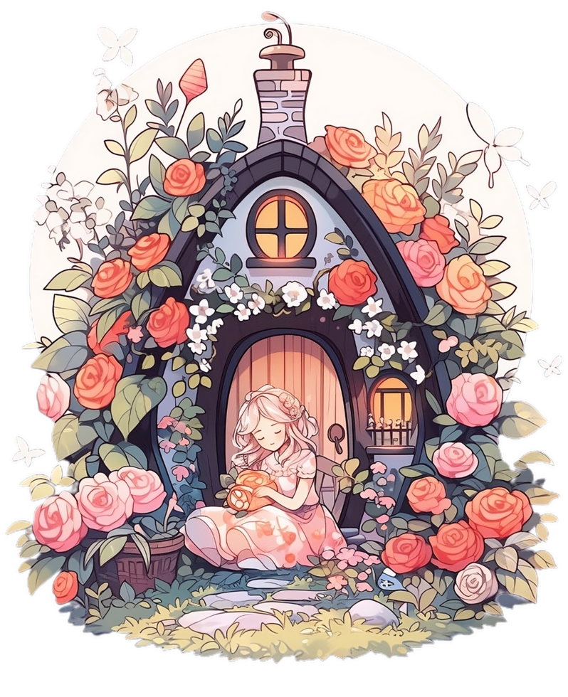 Fairytale magic fairy house, decorated by florals in a fantasy forest AI generated png