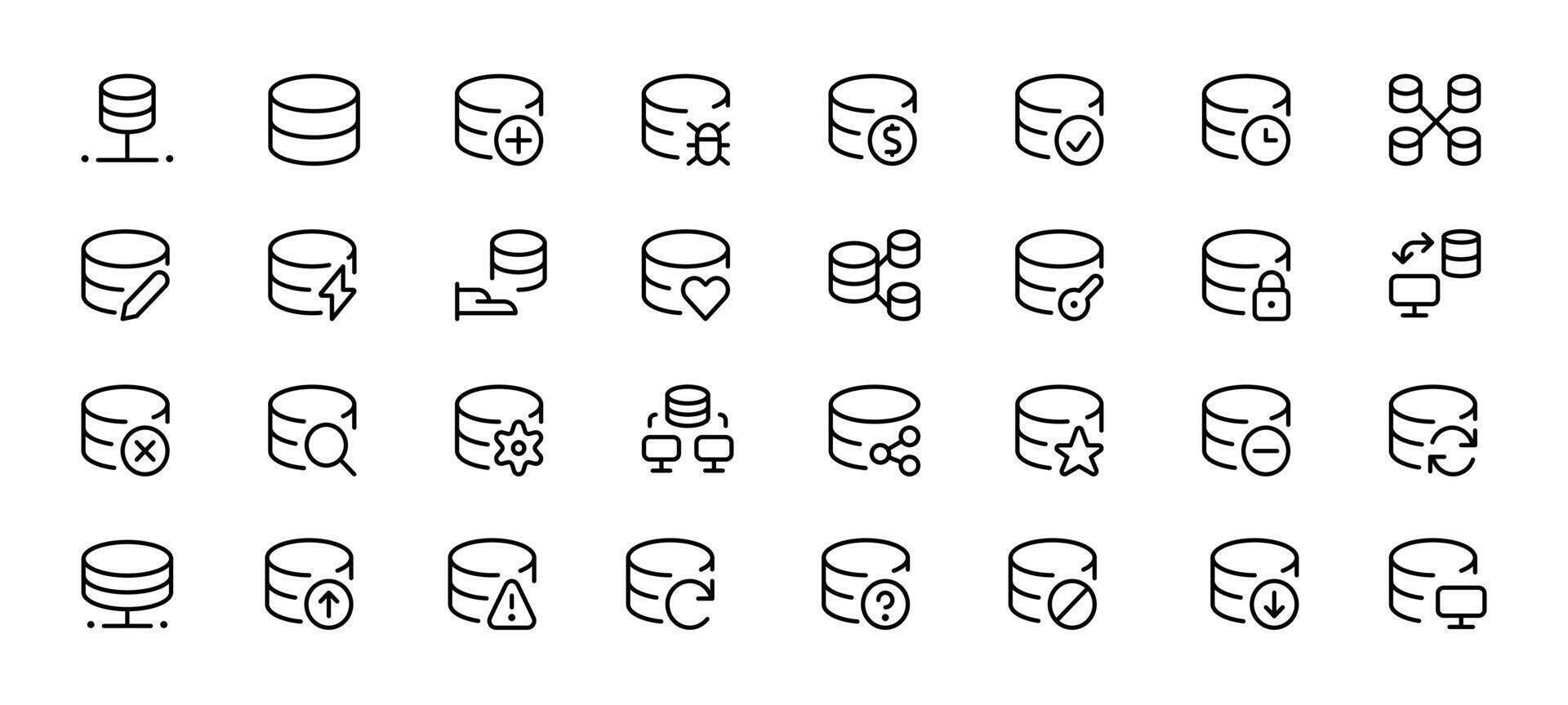 base de datos almacenamiento plano íconos Delgado línea. base de datos, servidor y nube Servicio línea iconos red y tecnología vector lineal icono colocar. lata utilizar para ui y móvil aplicación, web sitio interfaz.