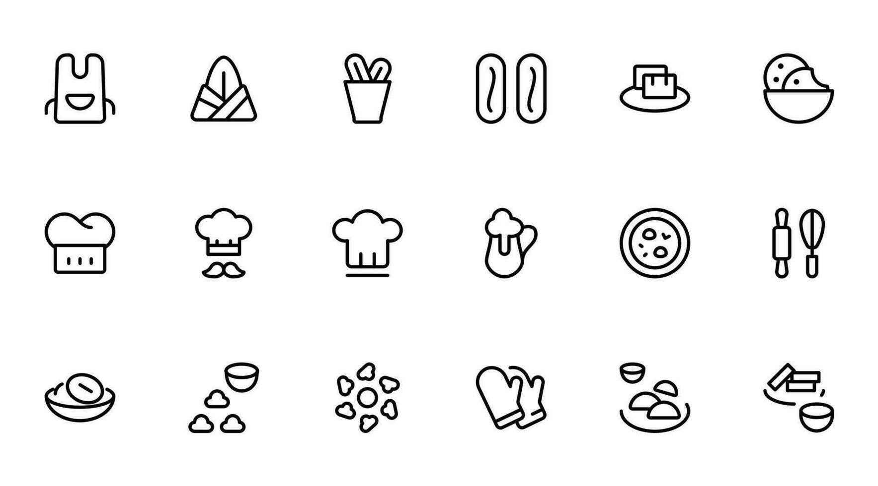 Cooking related, Chef element icon vector set design with Editable Stroke. Line, Solid, Flat Line, thin style and Suitable for Web Page, Mobile App, UI, UX design.