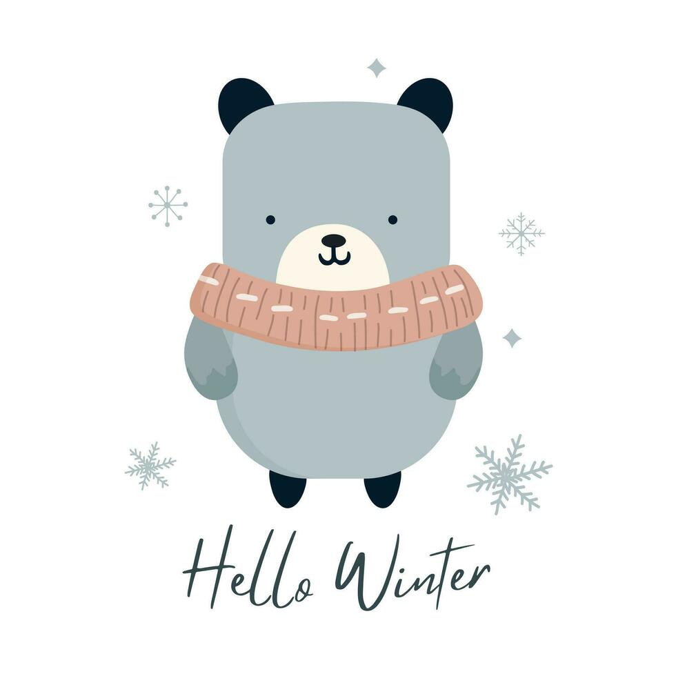 Hola invierno minimalista tarjeta con linda oso. Navidad póster en escandinavo garabatear estilo. invernal modelo. vector