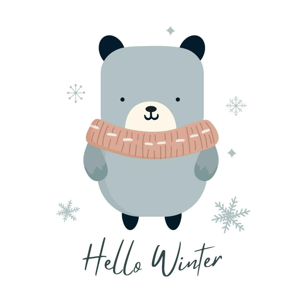 Hello winter minimalistic card with cute bear. Christmas poster in scandinavian doodle style. Wintry template. vector