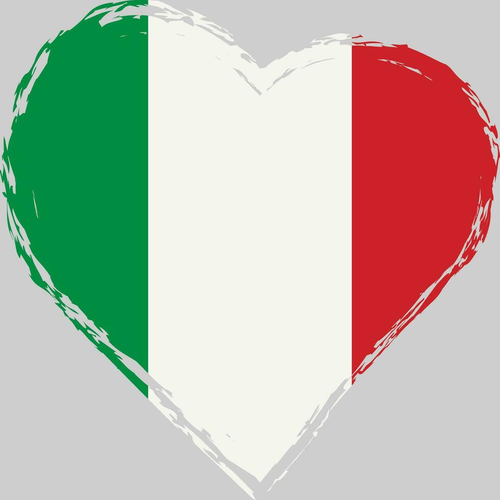 Italy flag in heart shape grunge brush stroke. Italian flag heart. Vector brushstroke flag, symbol.